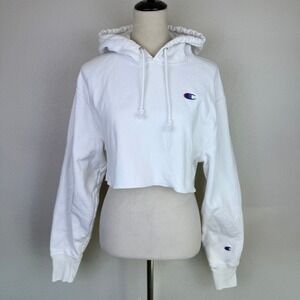 Champion Reverse Weave Cropped Hoodie White Raw Hem‎ Logo Women's XS